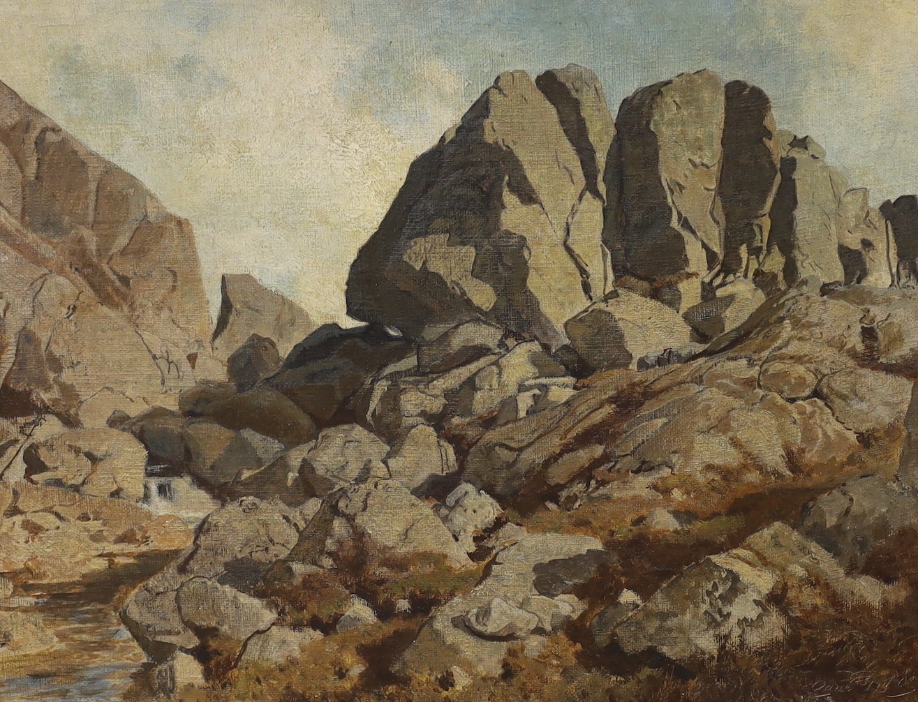 Norwegian School, oil on canvas, Study of a rocky coastline, indistinctly inscribed and dated 1900, 27 x 35cm, Oslo framers label verso